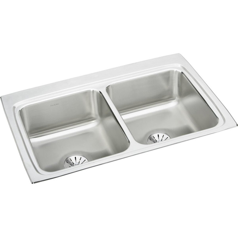 Lustertone 33" L x 22" W Double Basin Drop-In Kitchen Sink with Drain Assembly and Basket Strainer, MR2 hole