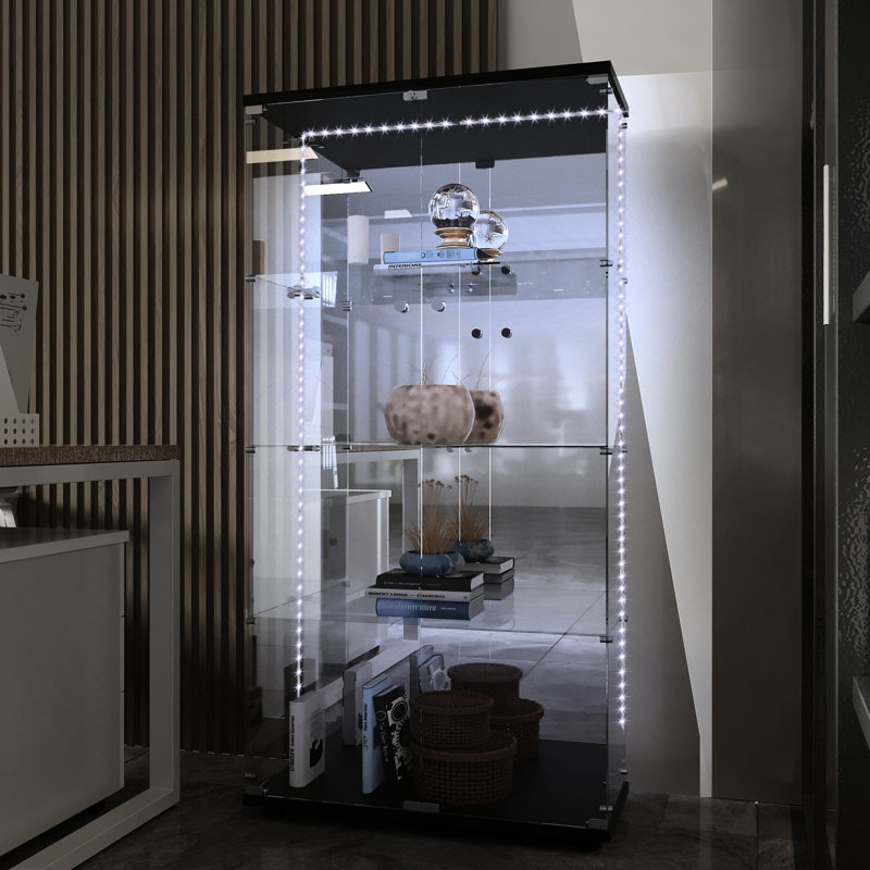 Led - Vitrine améliorée en verre trempé noir, avec fonction de détection et serrure, pour espace de vie principal, hauteur de 64,93 po, télécommande noire, bureau à miroir, bureau de chambre à coucher, 3 4