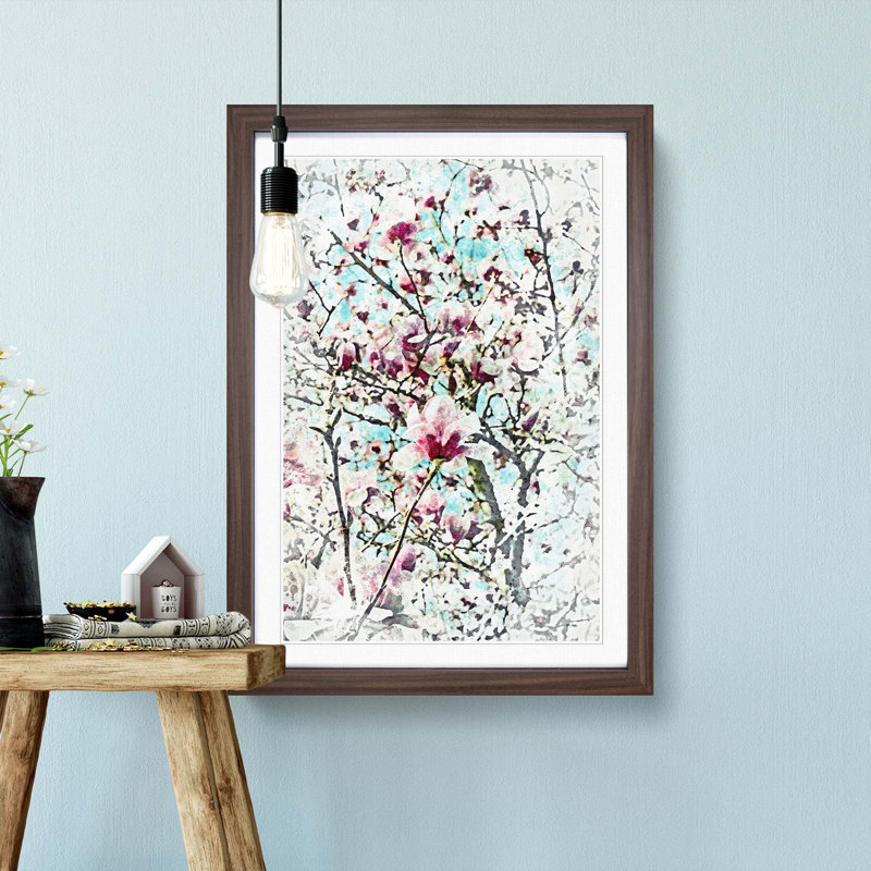 Pink Magnolia Blossom Tree in Abstract - Picture Frame Graphic Art Print, 50cm H x 35cm W x 2cm D, Walnut