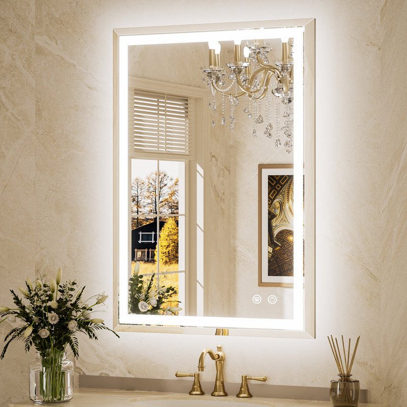Beveled Front & Back LED Bathroom Vanity Mirror Dimmable Anti-Fog Tempered Glass, 24" x 36", Rectangle