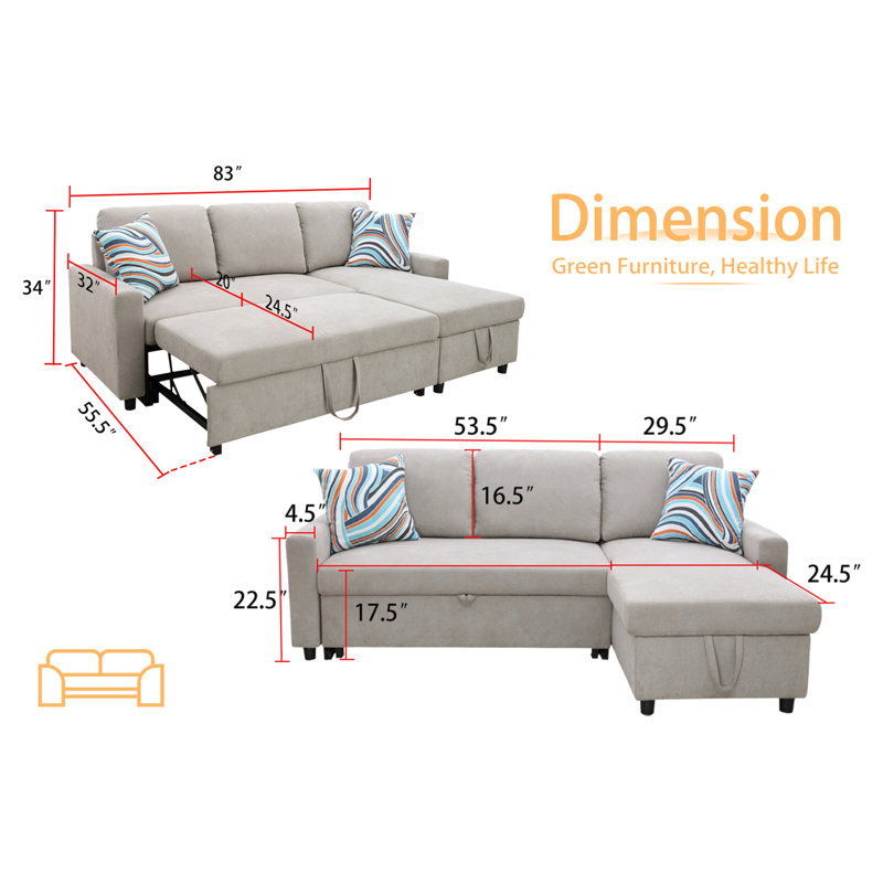Sebella Upholstered L-Shaped Sectional Reversible, Gray/White Linen Blend