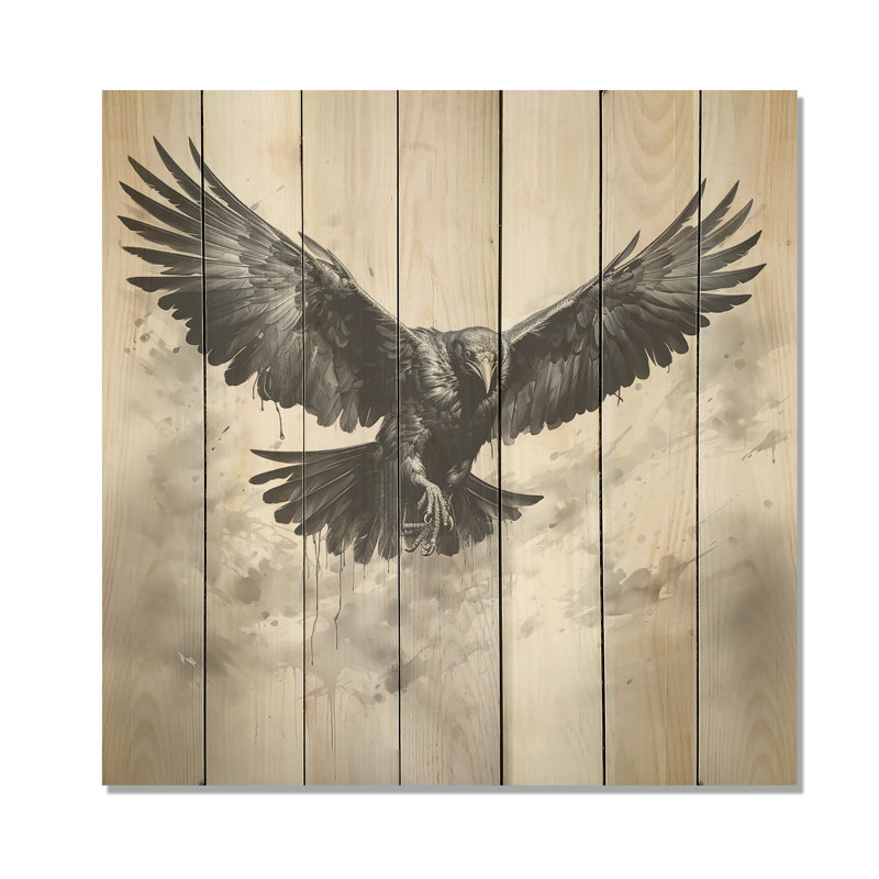 Impression d'un corbeau gris et noir en vol I - Animal corbeau sur bois, H 25 po x l 25 po