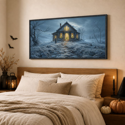 Maison rustique aux fenêtres illuminées dans une toile murale d'Halloween givrée