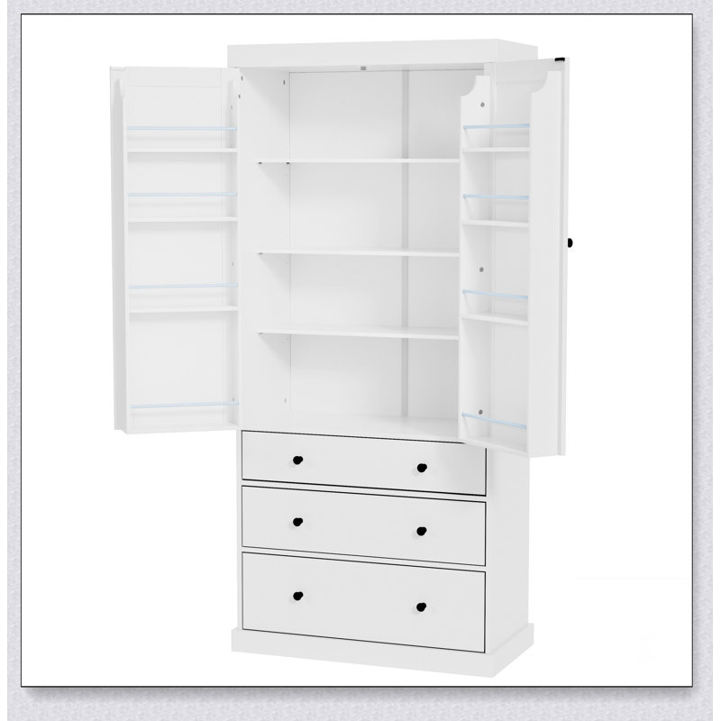 Grande armoire de rangement autoportante Farmhouse Kitchen avec 3 tablettes réglables, Blanc