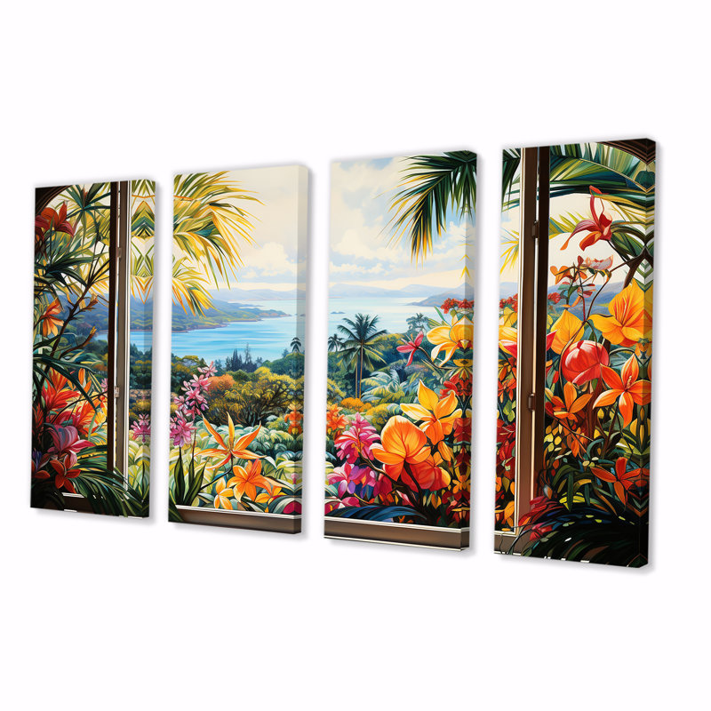 «Tropical Windows View Blooms IV - Coastal Windows», ensemble d'art mural 4 pièces, H 32 po x l 64 po