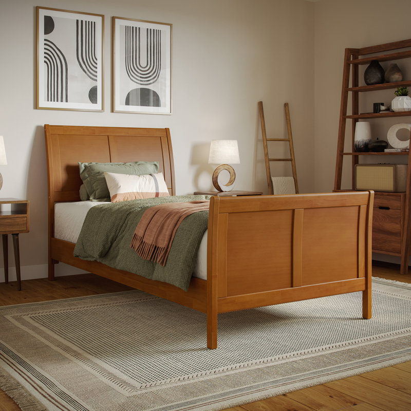 Arite Solid Wood Low Profile Sleigh Platform Bed with Matching Footboard, Twin XL, Light Toffee