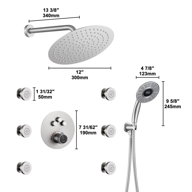 Système de douche thermostatique à pluie avec valve brute et affichage numérique à main, Nickel brossé