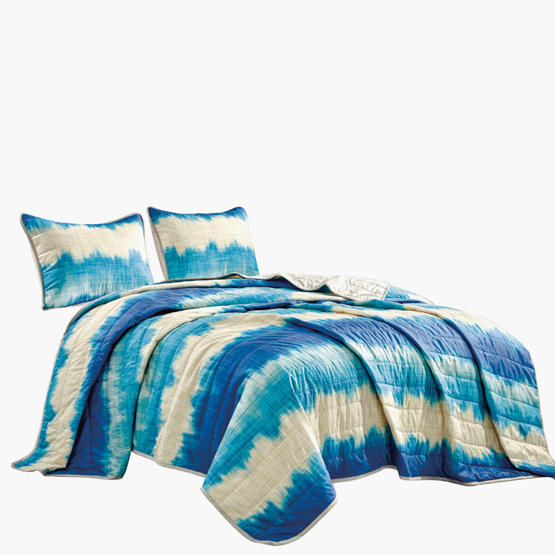 Ensemble de couvre-lit réversible bleu et crème Tie-Dye 3 pièces, très grand