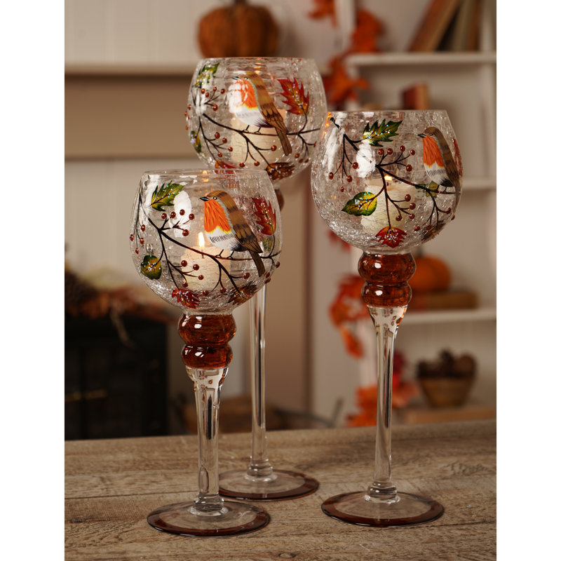 Set of 3  Autumn Robin Candle Holders