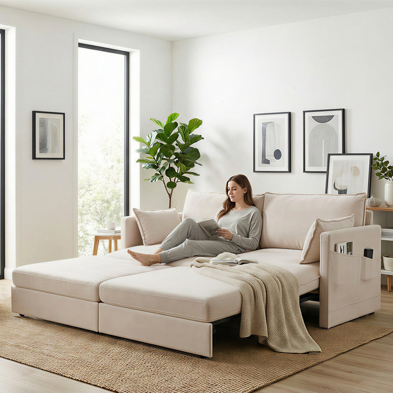 Canapé-lit convertible 3-en-1 avec coussins de rangement - Chaise longue à lit double, beige, Beige