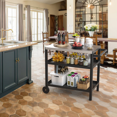 Chariot de table d'extérieur avec plateau en acier inoxydable et 3 tablettes 