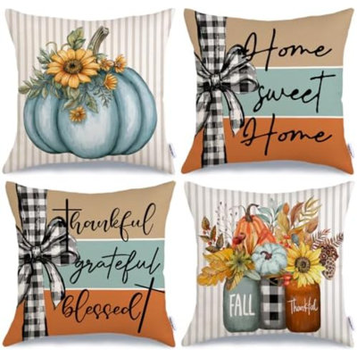 Fall Pumpkin Sunflowers Pillow Covers 20x20 Inch Set of 4, Mason Jars Sweet Home Buffalo Plaid Bowknot Autumn Thanksgiving Decorative Throw Pillows Farmhouse Decoration for Sofa Aqua
