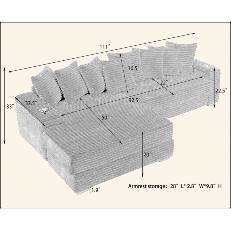 Canapé en velours côtelé de 111,4 po, accoudoir avec porte-gobelet et fonction de rangement, fauteuil inclinable pouvant être changé à gauche et à droite, convenant au salon, à la chambre à coucher et au salon