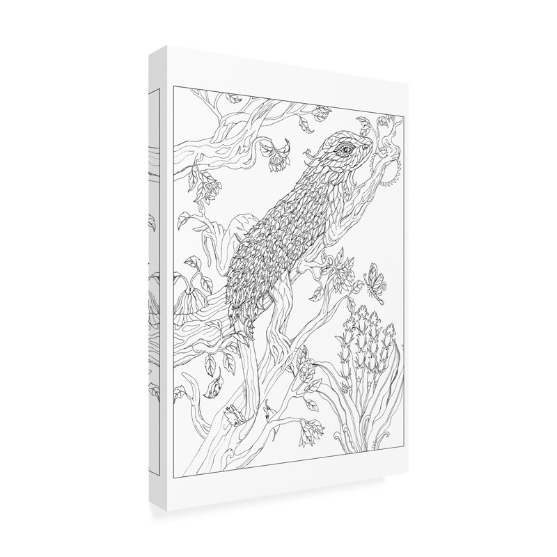 Tree Lizard Line Drawing Canvas Art in White and Gray