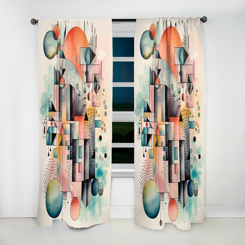 Elani - Rideau moderne à géométrie bleue et orange Balance IV - Velours obscurcissant - 1 panneau, L 52 po x L 95 po