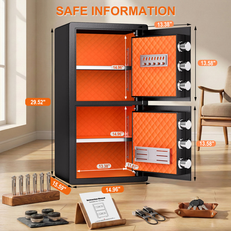 Coffre-fort à double porte de 6,5 pieds cubes, serrure à empreinte digitale et à clavier numérique, coffre-fort de sécurité avec tablettes amovibles et bouton caché pour le bureau personnel, rangement de documents de bijoux en argent avec des autocollants amusants