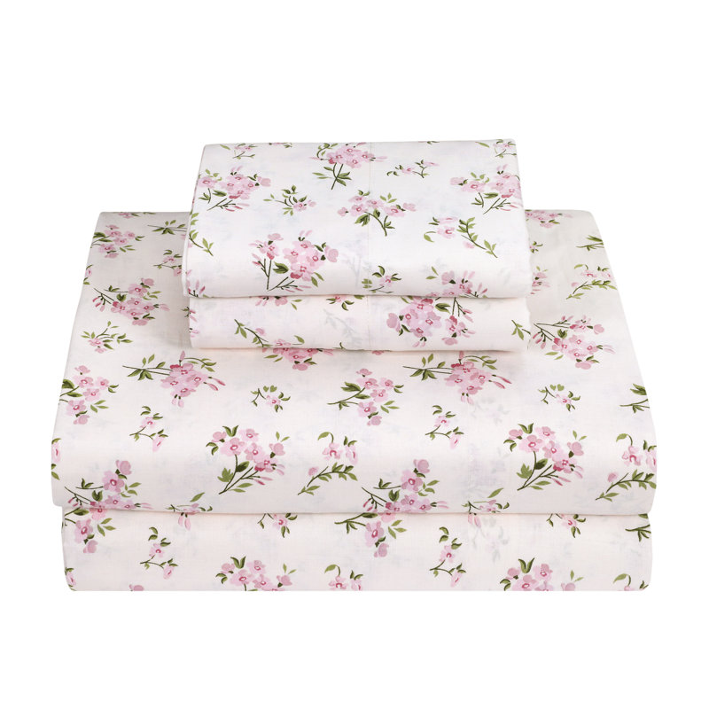 100% Cotton Queen Size Bed Sheets Set with Deep Pockets, Cozy Percale sheets with Elastic Fitted Sheet 4 Piece Bedding and Pillowcase set, Floral Pink