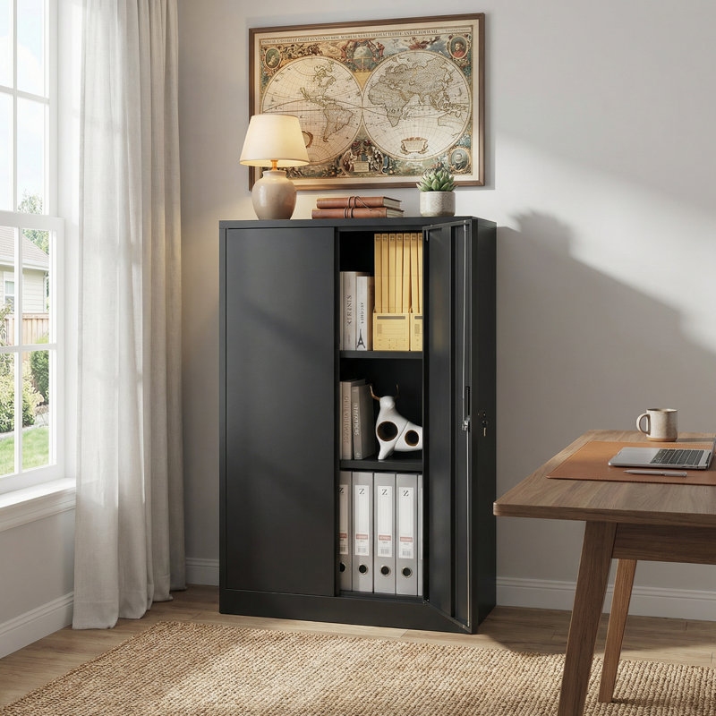 Locking Metal Storage Cabinet with Adjustable Shelf, Folding Locker for Home Office, Garage, or School Use, Black