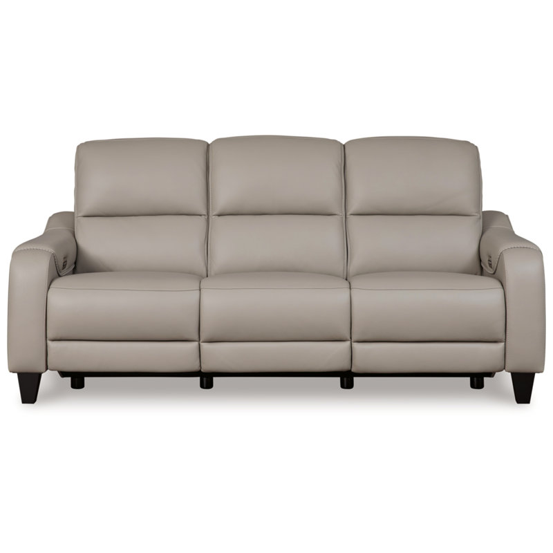 Gray Leather Power Reclining Sofa with Adjustable Headrest