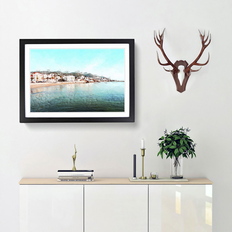 Shoreline of Sitges in Spain in Abstract - Picture Frame Graphic Art Print, 35cm H x 50cm W x 2cm D, Black