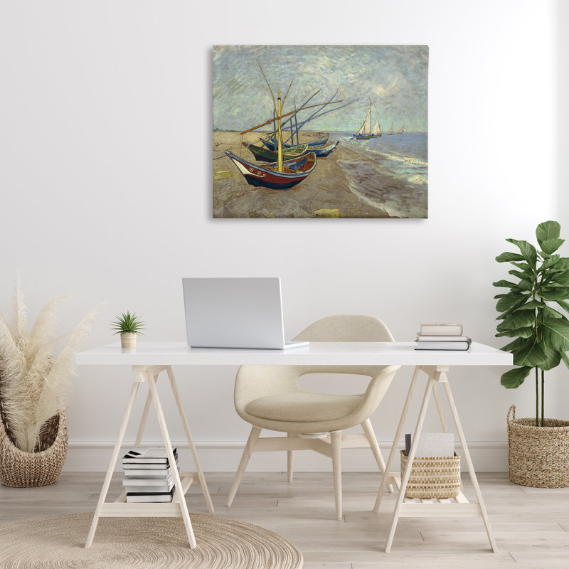 Art classique, bateaux de pêche classiques sur la plage par one1000paintings, H 30 po x l 40 po