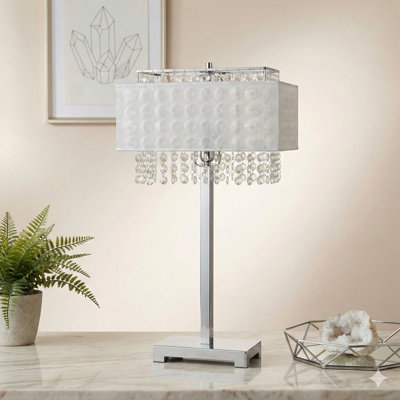 28-Inch Tall Metal Table Lamp With A Silver Finish, Complemented By A White Shade And Decorative Crystal Details