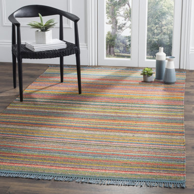 Tapis rayé bleu / orange en viscose / coton tissé à la main Margolis