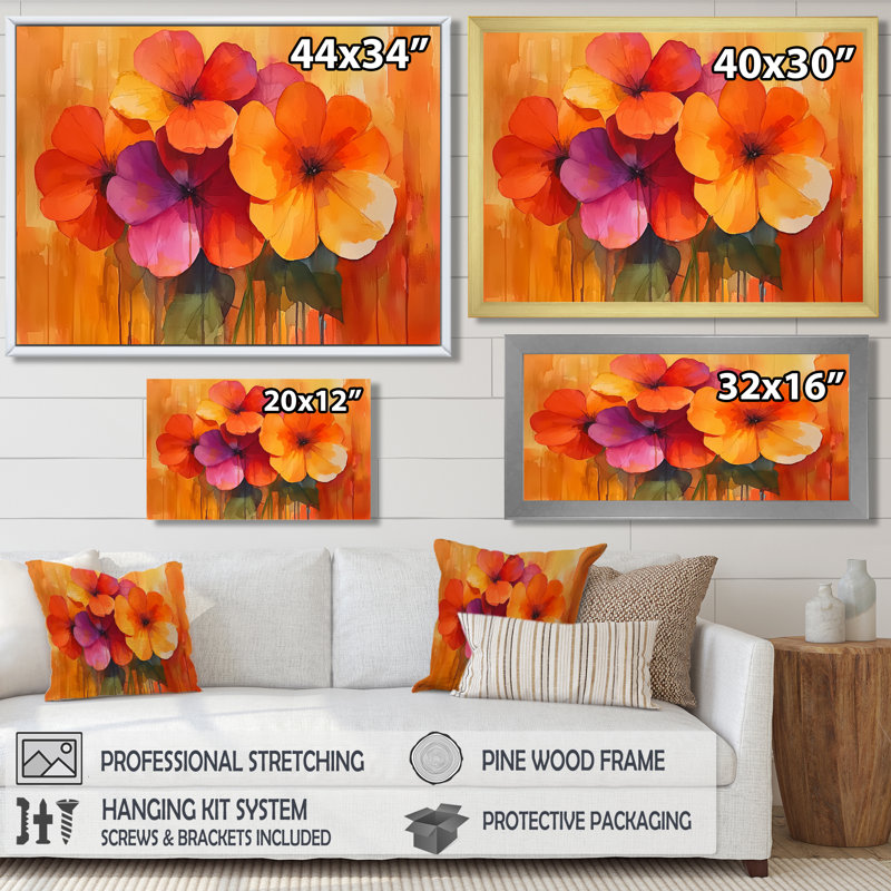 «Burnanium Geraniums In Fiery Shades Expression II» - art mural géraniums, H 12 po x l 20 po, Cadre simple, Argent argent