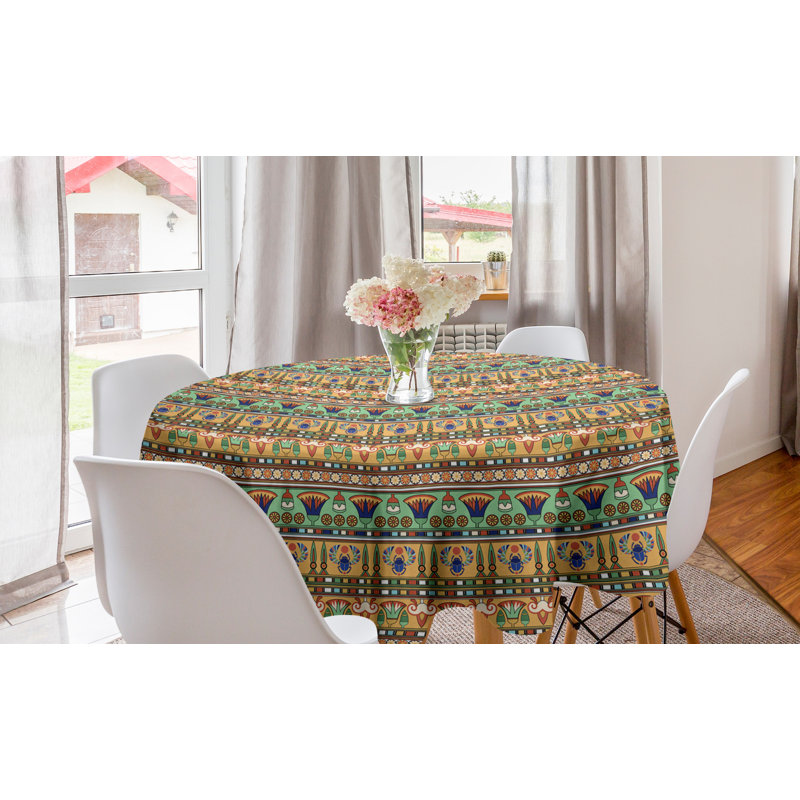 Ambesonne Egyptian Print Round Tablecloth, Motifs Pattern Lily Flower And Scarab Abstract Design, Circle Table Cloth Cover For Dining Room Kitchen Decoration, 60", Multicolor