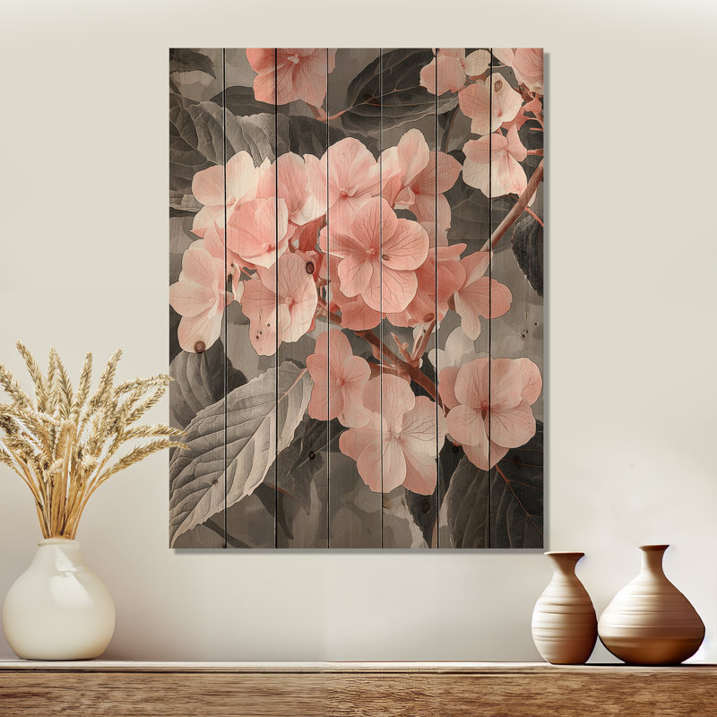 Soft Pink Hydrangea In Greyscale III - Hydrangea Wood Print - On Natural Pine Wood, 40" H x 30" W x 0.78" D