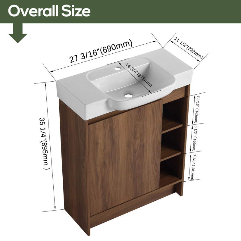 Meuble-lavabo simple 28 po avec comptoir en céramique 28 po, Brun ébène