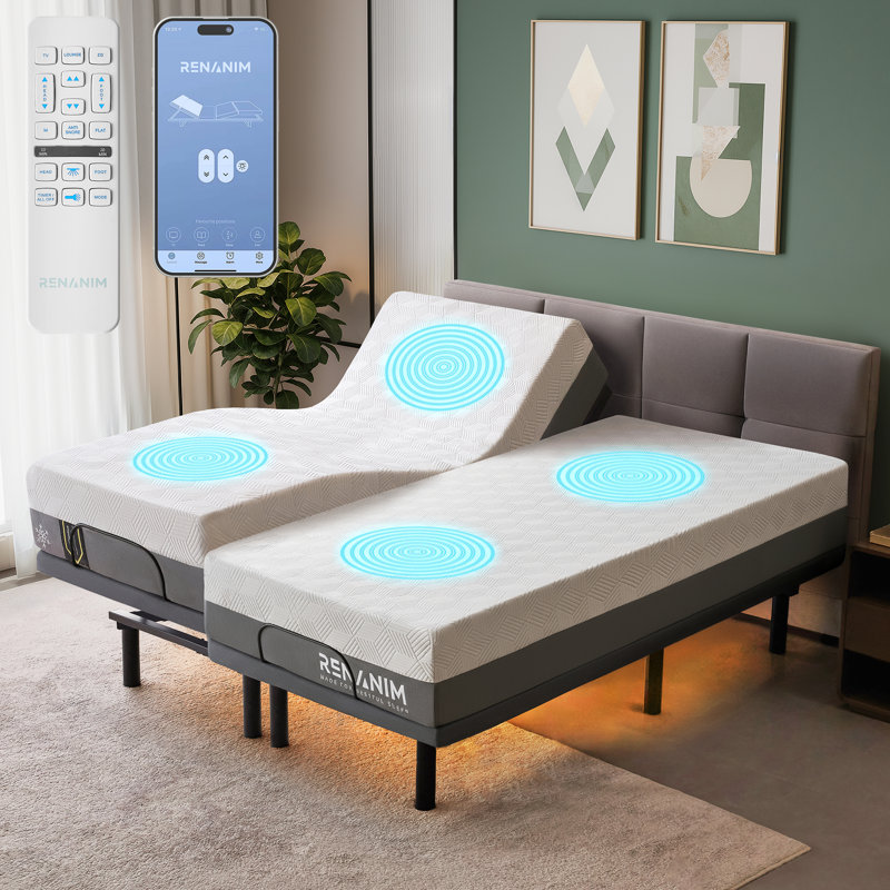 Renanim SerenityFlex Adjustable Bed with 14" Memory Foam Mattress, Massage, USB, Remote & App, King Split