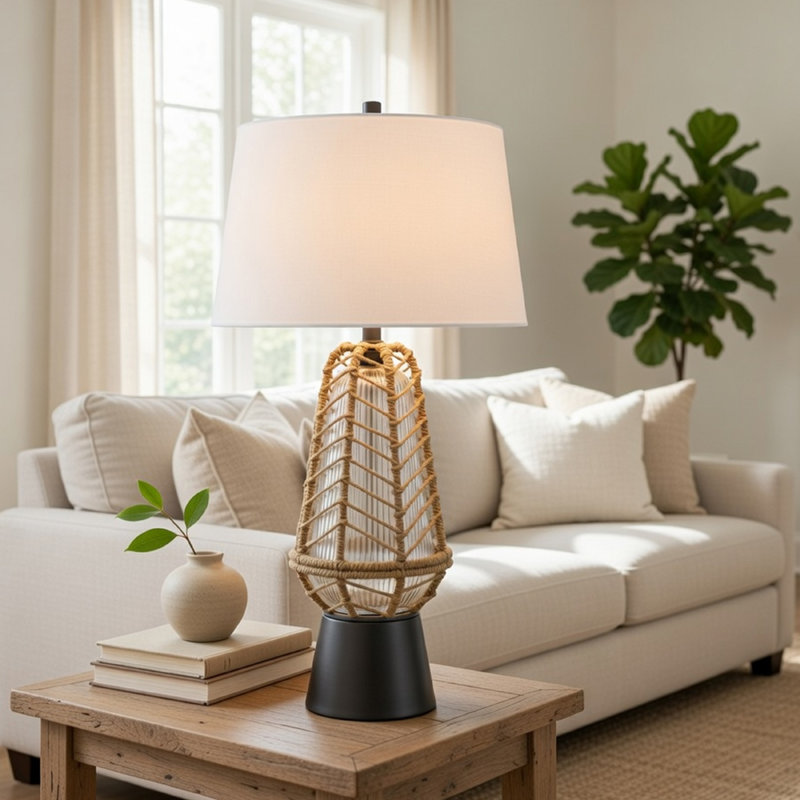 Lampe de table lanterne avec veilleuse, corps en verre en toile de jute, métal gris
