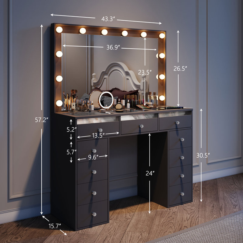Coiffeuse avec 11 tiroirs de rangement, plateau en verre et 3 tiroirs éclairés RVB, miroir surdimensionné, prise électrique, coiffeuse blanche avec poignées en cristal pour chambre à coucher