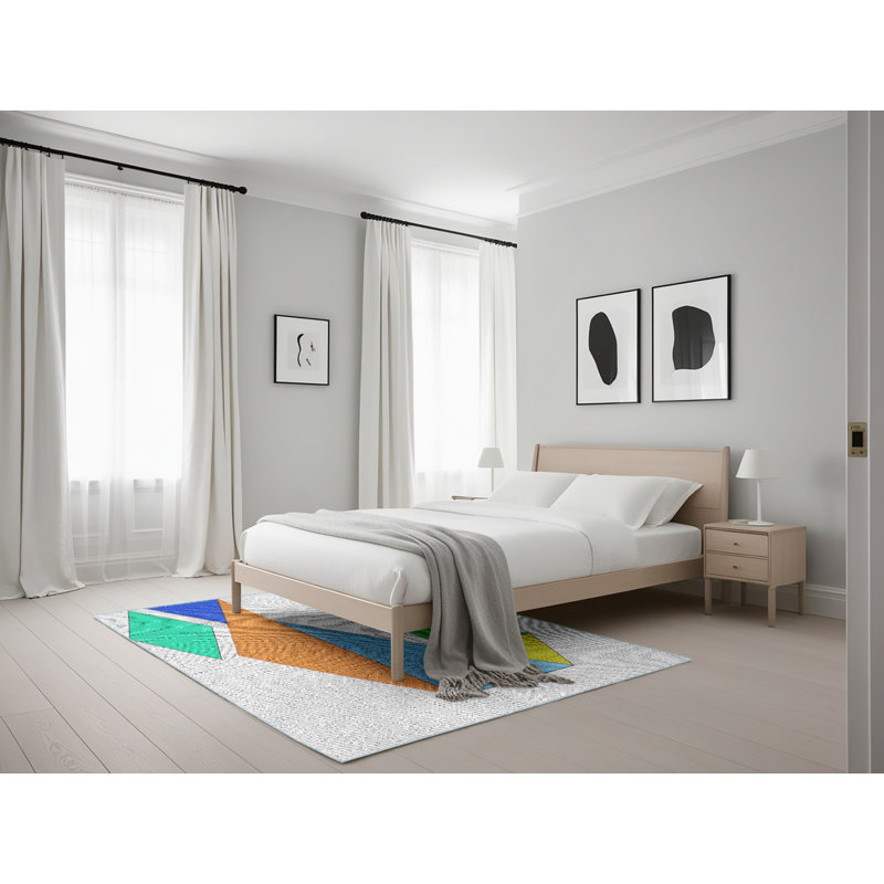 Tapis vert/bleu/gris à motifs, Rectangle 5 pi x 7 pi