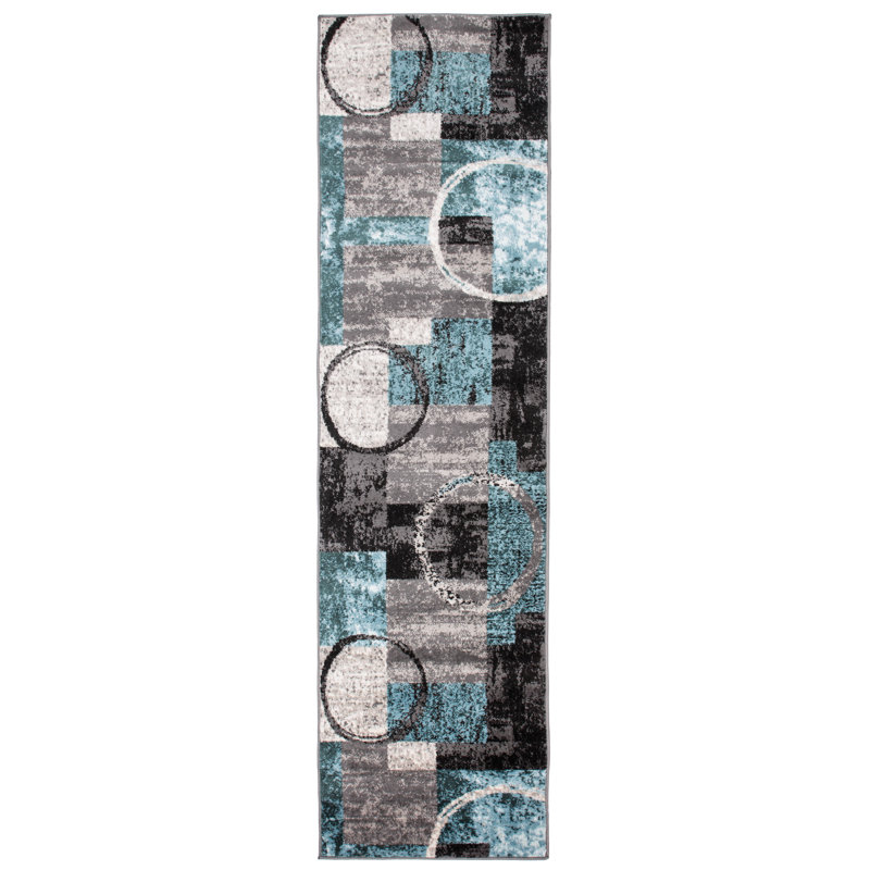 Fanton Modern Abstract Performance Gray/Ivory/Blue Area Rug, Runner 2' x 10'