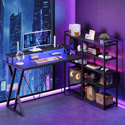 Reversible L Shaped Gaming Desk with Shelves, 52'' L Shaped Computer Desk with Power Outlet and LED Light, Corner Desk with Storage Shelf and Monitor Stand