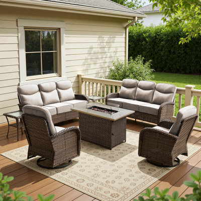 8-Person Outdoor Wicker Large Family Conversation Set With Sofas, Swivel Chairs And Fire Pit Table
