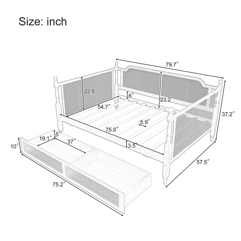 Traditional Style Rattan Daybed with 2 Drawers, Full, Walnut