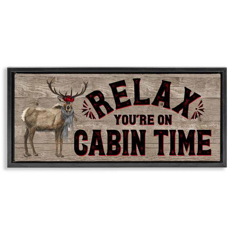 «Cabin Time phrase with Deer» par Tara Reed sca-168, H 11 po x l 25 po, Cadre flottant noir de jais