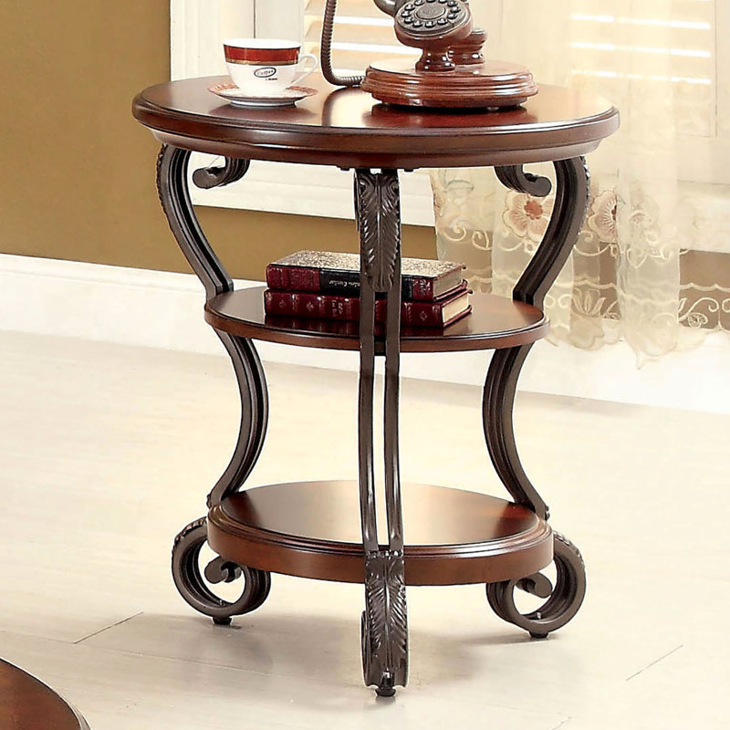 Table d'appoint en cerisier brun Avrah, conception ornée, 2 tablettes inférieures, 22 x 22 x 26,5, pour table de salon avec pieds en métal, longueur ouverte de 22 po x largeur de 26,5 po, bois massif