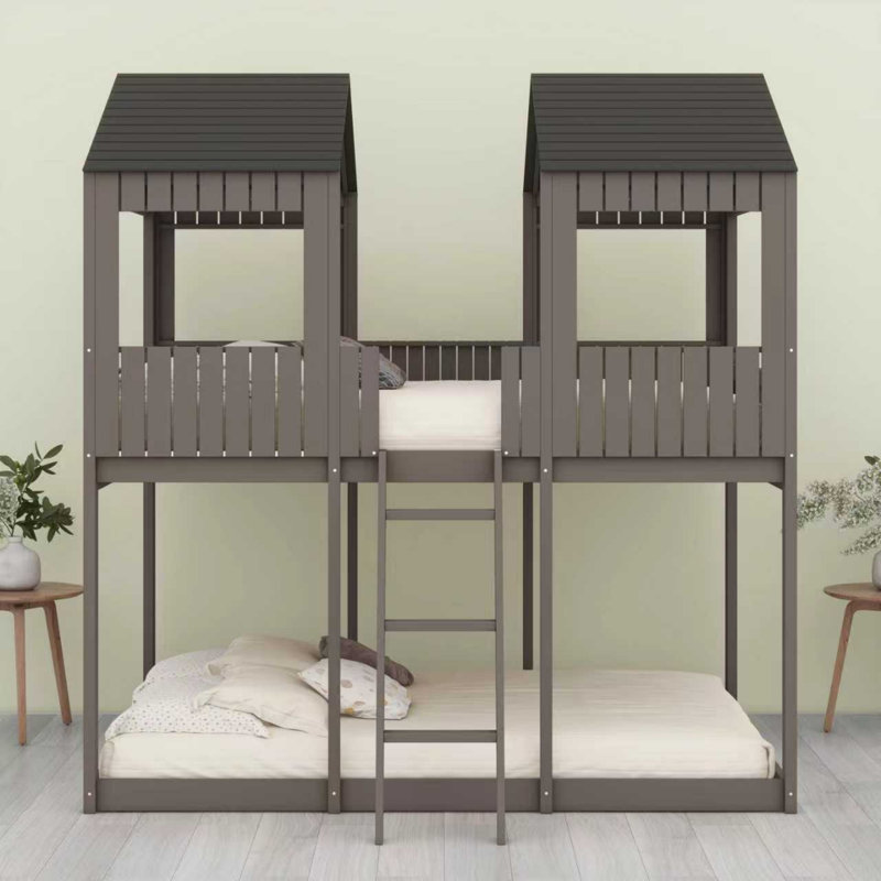 Wood Bunk Bed With Roof, Window, Guardrail, Ladder, Antique Gray