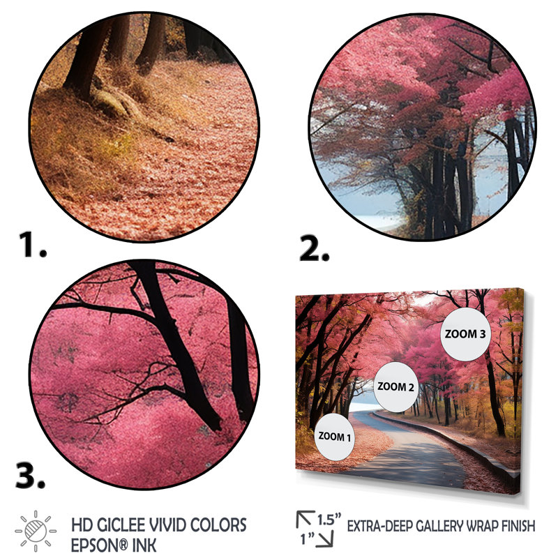 «Rosy Blooming Pathway Into The Forest III - Road», art mural, H 30 po x l 40 po x P 1,5 po, Cadre de coin blanc fermé