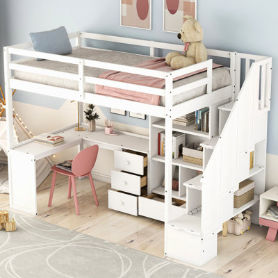 Lit mezzanine simple avec bureau en L, tiroirs, armoire et escalier de rangement - blanc, option chambre à coucher
