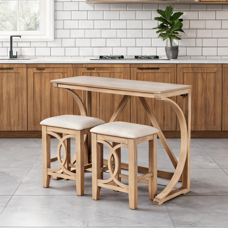 Ensemble de comptoir à hauteur de ton en bois naturel avec double USB, table pliable et deux tabourets pour les petits espaces