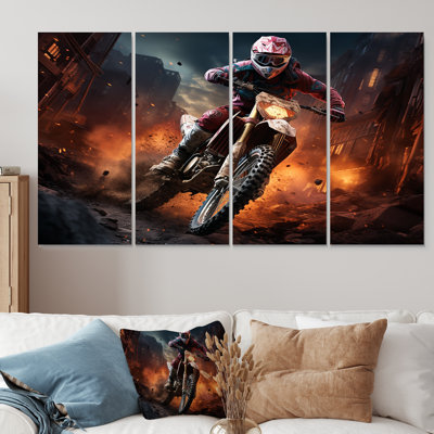 Orange And Black Dirt Bike Rider II - Motorcycle 4 Piece Wall Art For Living Room
