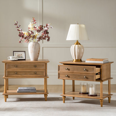 Hicks 28.4"W Solid Wood 1-Drawer End Table with Built-In Outlets and USB Ports