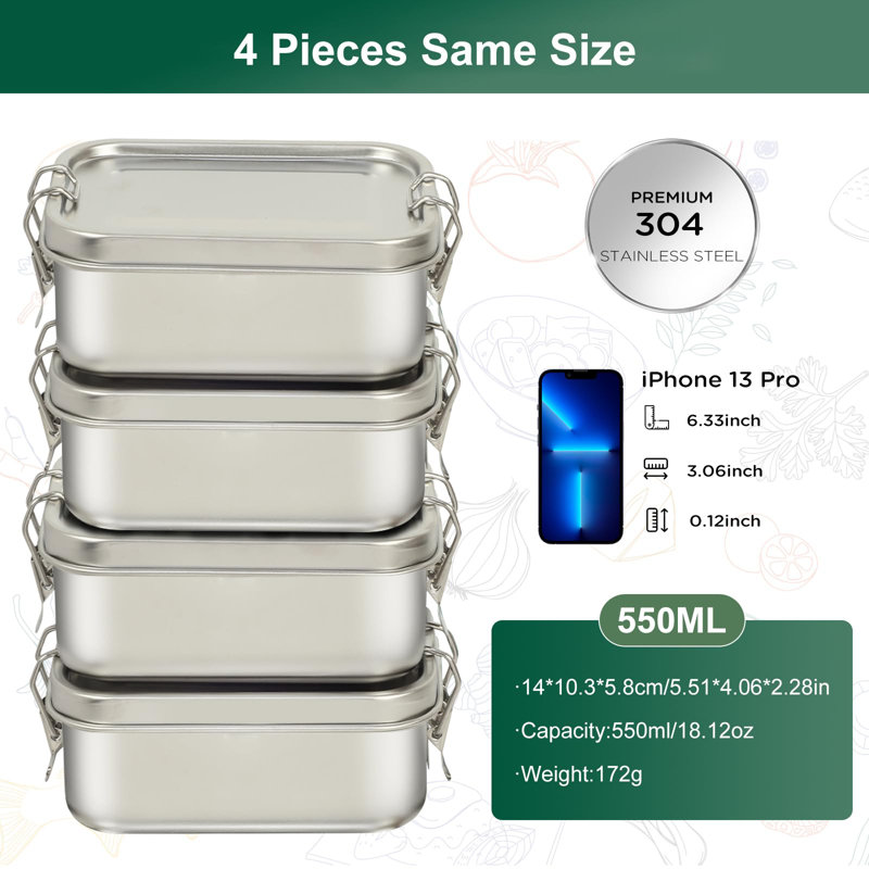 4-Piece 304 Stainless Steel Bento Box Set – 550ml Leak-Proof, Stackable Lunch Containers with Lids