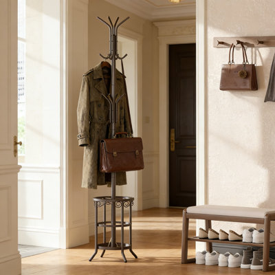 Portemanteau autoportant avec 12 crochets et porte-parapluies, portemanteau en métal pour vestibule, bureau personnel et rangement
