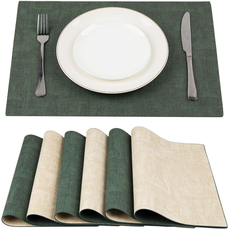 Ensemble de 6 napperons réversibles en cuir résistants à la chaleur, imperméables et antidérapants pour la table de salle à manger, vert foncé et beige